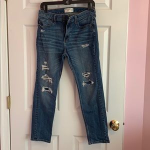 Boys Abercrombie distressed taper fit jeans.